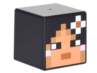 Minifigure, Head, Modified Cube with Pixelated Nougat Face, Dark Orange Mouth, Bright Pink Earrings, and White Flower in Hair Pattern (Minecraft Skin)