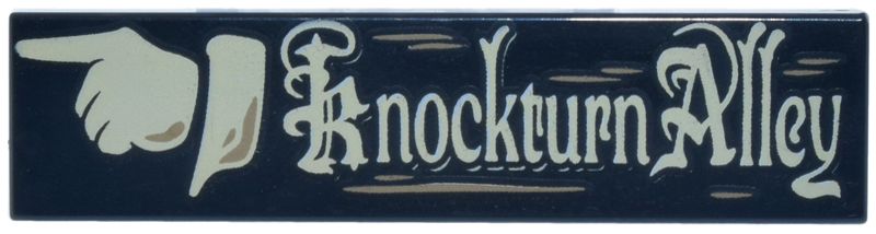 Tile 1 x 4 with Tan Pointing Hand and 'Knockturn Alley' Sign Pattern