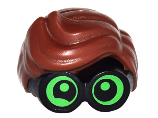 Minifigure, Hair Combo, Large Thick Glasses with Reddish Brown Hair, Parted and Wavy with Bright Green Lenses, Partial Wink on Right Eye Pattern