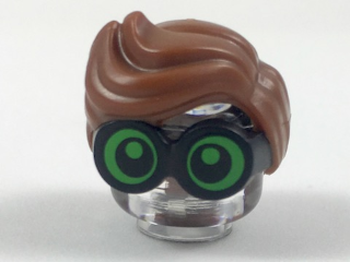 Minifigure, Hair Combo, Large Thick Glasses with Reddish Brown Hair, Parted and Wavy with Bright Green Lenses, Pupils Looking Forward Pattern