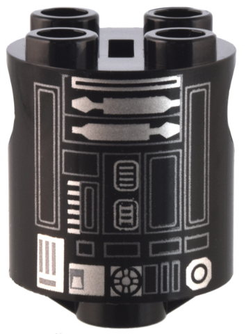 Brick, Round 2 x 2 x 2 Robot Body with Silver and Dark Bluish Gray Lines, Rectangles, and Droid Details Pattern (R2-E6)