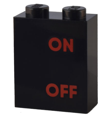 Brick 1 x 2 x 2 with Inside Stud Holder with Red 'ON' and 'OFF' Pattern