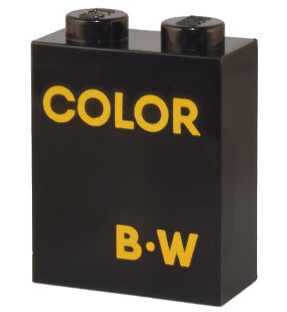 Brick 1 x 2 x 2 with Inside Stud Holder with Bright Light Orange 'COLOR' and 'B-W' Pattern