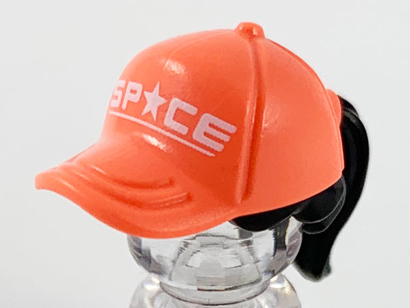 Minifigure, Hair Combo, Hair with Hat, Ponytail with Molded Coral Ball Cap and Printed White 'SP*CE' Pattern