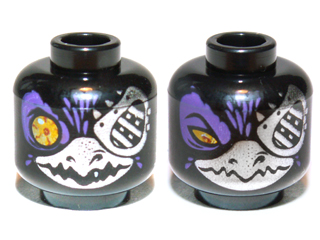 Minifigure, Head Dual Sided Alien Chima Raven with Silver Beak, Eye Patch and Dark Purple Feathers, Wide Eye / Narrow Eye Pattern (Rizzo)