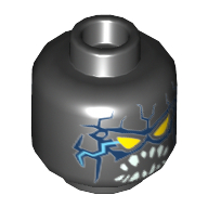 Minifigure, Head Alien with Yellow Triangular Eyes, Blue Lightning on Front and Back, Pointed White Teeth Pattern