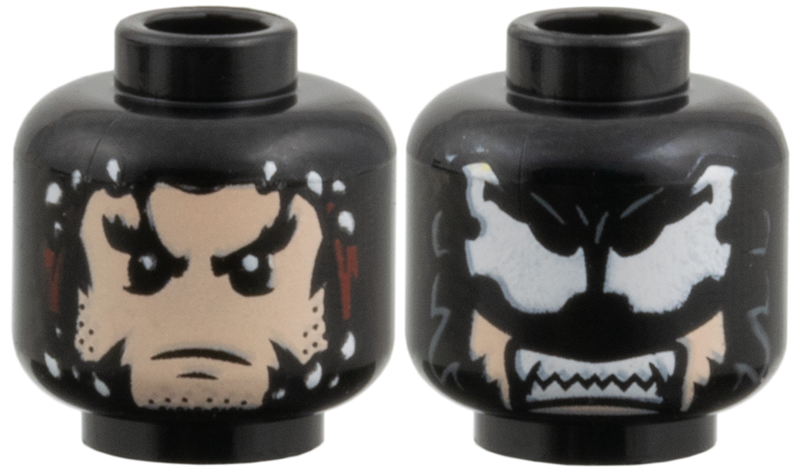 Black minifigure head with a partial light nougat face and stubble on one side, and a large-eyed alien face with fangs on the other.