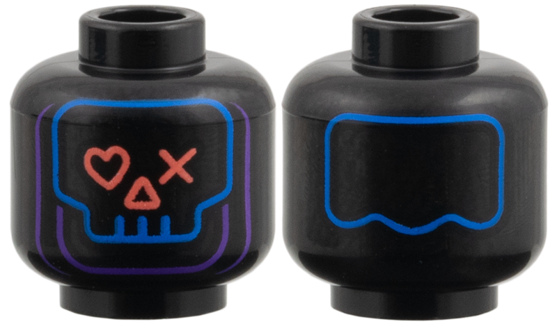 Black minifigure head with a stylized skull outline in blue and purple, featuring a coral heart eye and an X eye.