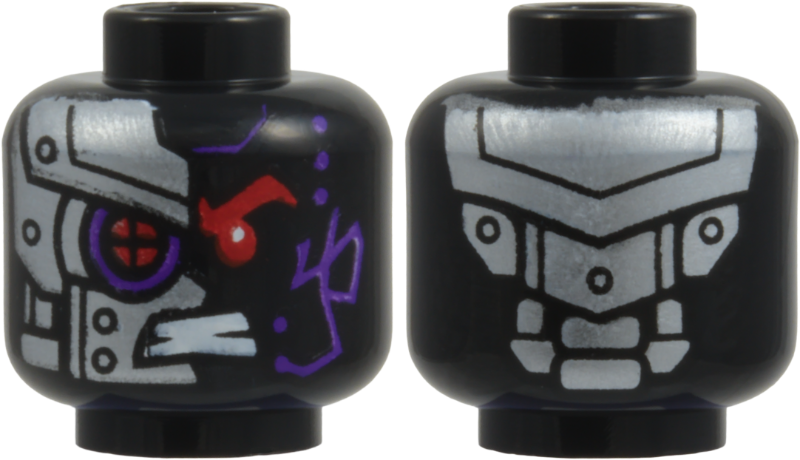 Black minifigure head with silver armor on the right side, purple highlights, and a red eye.