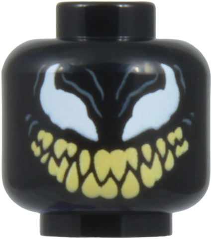 Black alien head with large white eyes and jagged teeth