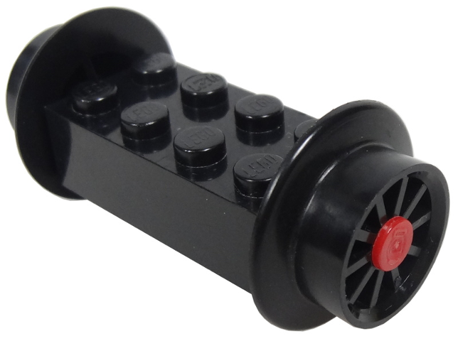 Brick, Modified 2 x 4 with Black Wheels, Train Spoked Small (23mm D.) and Red Pins (4180 / wheel3 / 2344)