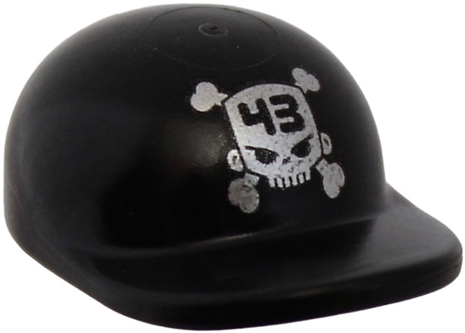 Minifigure, Headgear Cap - Short Curved Bill with '43' on Silver Skull and Crossbones Pattern in Black