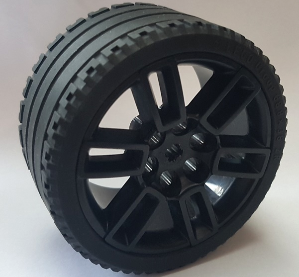 Wheel 56mm D. x 34mm Technic Racing Medium, 6 Pin Holes, Axle Hole, Open Spokes with Black Tire 68.8 x 36 ZR (49294 / 44771)