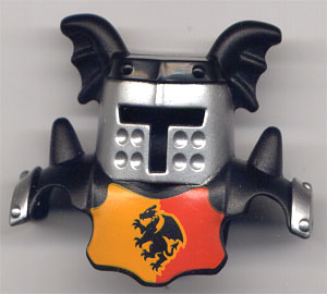 Duplo Wear Head Armor with Silver Face Shield and Black Top and Red and Yellow Breastplate and Dragon Pattern