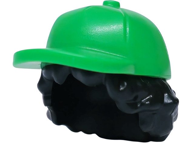 Black bushy hair with bright green ball cap
