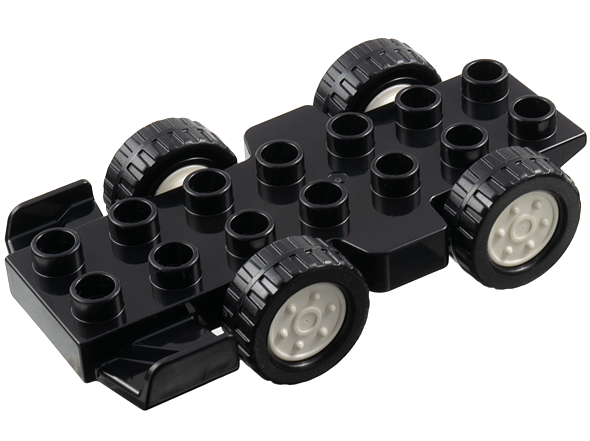Duplo Car Base 2 x 7 with Formula 1 Racer Front Wing with Fixed Axles, Black Tires and White Wheels
