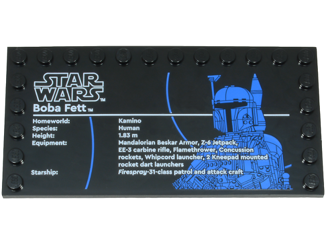 Tile, Modified 6 x 12 with Studs on Edges with Star Wars Logo and 'Boba Fett' Pattern