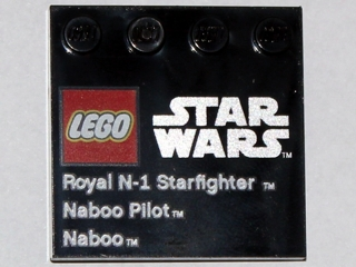 Tile, Modified 4 x 4 with Studs on Edge with LEGO Star Wars Logo, 'Royal N-1 Starfighter', 'Naboo Pilot', and 'Naboo' Pattern