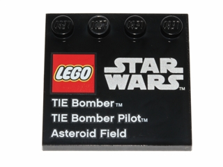 Tile, Modified 4 x 4 with Studs on Edge with LEGO Star Wars Logo, 'TIE Bomber', 'TIE Bomber Pilot', and 'Asteroid Field' Pattern