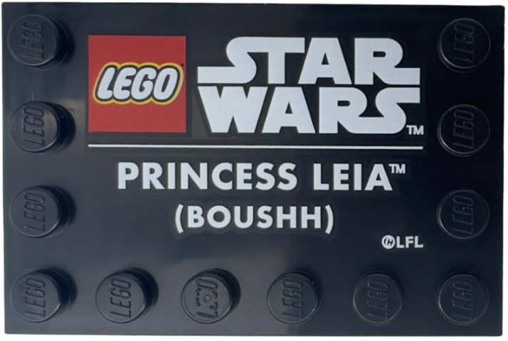 Tile, Modified 4 x 6 with Studs on Edges with LEGO Star Wars Logo and White 'PRINCESS LEIA (BOUSHH)' Pattern