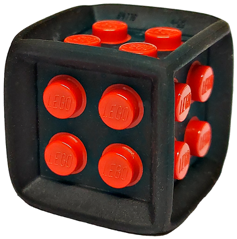 Die Cube with Molded Hard Plastic Red 2 x 2 Studs Pattern on All Sides - Flexible Rubber