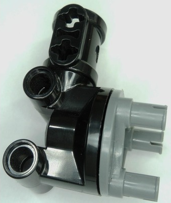 Technic, Steering, Wheel Hub Holder / Shock Absorber Head with 2 Pin Joiners and Shaft with 2 Axle Holes with Dark Bluish Gray Wheel Hub 3 Pins Round (69636 / 92909)