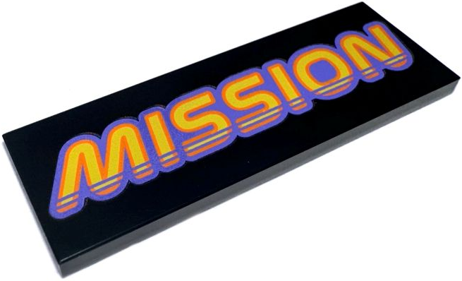 Tile 2 x 6 with Yellow and Orange 'MISSION' and Blue Violet Outline Pattern