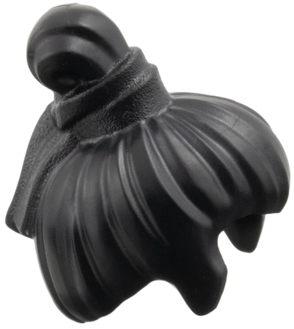 Black smooth hair with top knot bun and side bangs