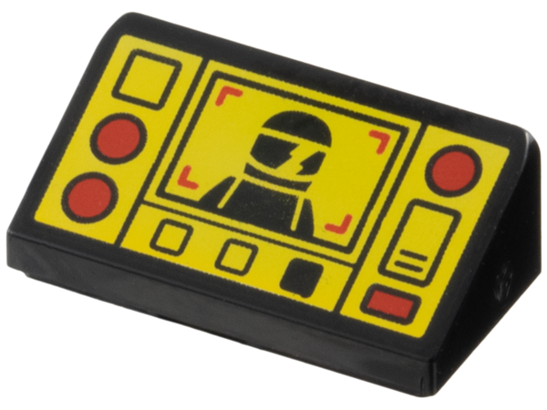 Slope 30 1 x 2 x 2/3 with Red and Yellow Control Panel Buttons and Square Monitor with Image of Minifigure with Helmet Pattern