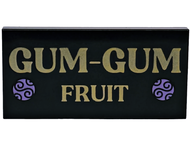 Tile 2 x 4 with Gold and Blue Violet 'GUM-GUM FRUIT' Pattern