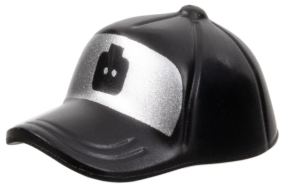 Minifigure, Headgear Cap - Short Curved Bill with Seams and Button on Top with Minifigure Head Silhouette on Silver Background Pattern
