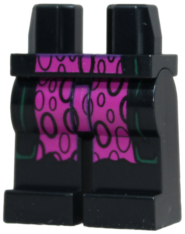 Black hips and legs printed with dark green coattails and magenta pants with oval patterns.