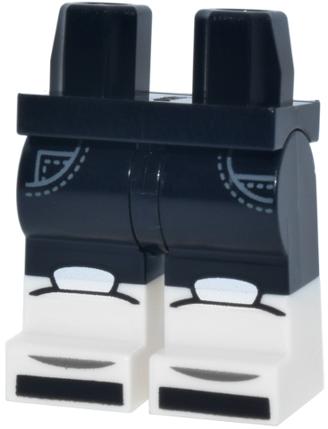 Black minifigure legs with dual-molded white lower legs, printed with gray pockets, stitching, and white knee pads.