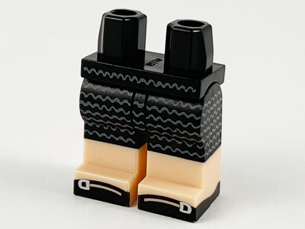 Hips and Light Nougat Legs with Black Dress with Wavy Lines and Black Sandals with Silver Buckles Pattern