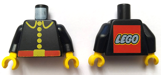 Torso Fire Uniform with Red Belt and Yellow Lapels, Buttons, and Buckle, LEGO Logo on Back Pattern / Black Arms / Yellow Hands