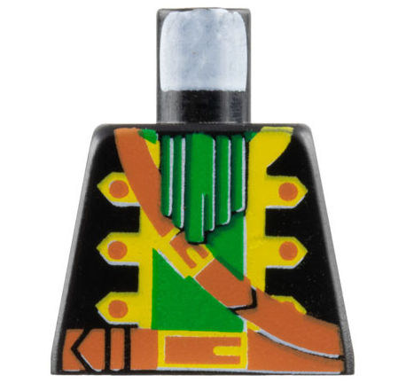 Torso Pirate Captain Jacket Open with Yellow Trim over Green Shirt with Neck Ruffle, Brown Strap, Belt with Buckle Pattern