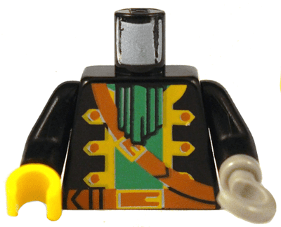 Torso Pirate Captain Jacket Open with Yellow Trim over Green Shirt with Neck Ruffle, Brown Strap, Belt with Buckle Pattern / Black Arms / Light Gray Hook Left / Yellow Hand Right