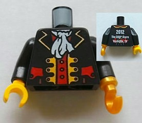Part 973pb1123c01 : Torso Pirate Captain Jacket Open with Gold Trim and Red  Pockets over Red Shirt, White Ascot, 2012 The LEGO Store Nashville, TN Back  Pattern / Black Arms / Pearl