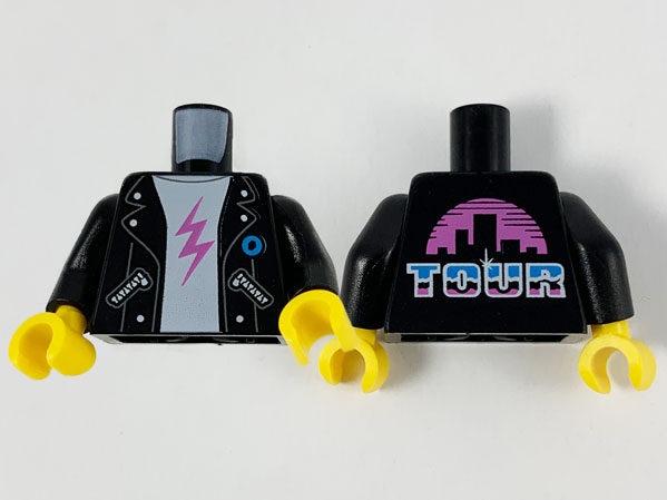 Part 973pb3875c01 Torso Jacket White Shirt With Dark Pink Lightning Bolt Tour And Cityscape On Back Pattern Black Arms Yellow Hands Unsorted Bricklink