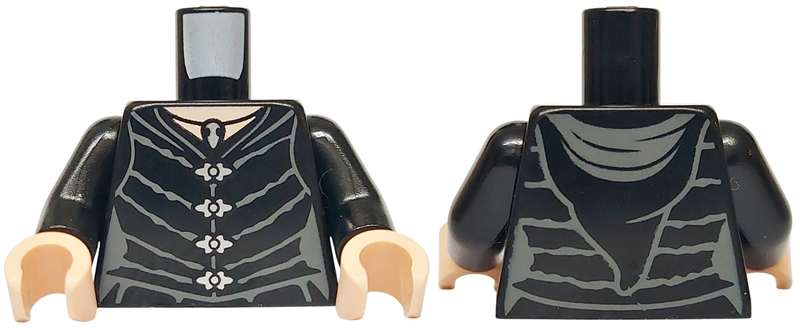 Torso Female Robe with Dark Bluish Gray Lines, Silver Clasps and Pendant Necklace, Light Nougat Neck, Hood on Back Pattern / Black Arms / Light Nougat Hands