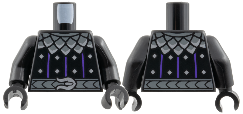 Torso Castle Surcoat and Armor, Dark Purple Stripes, Dark Bluish Gray and Dark Silver Collar, Silver Diamonds, Belt with Buckle Pattern / Black Arms / Black Hands