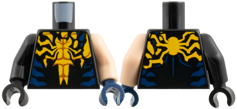 Black torso with a yellow spider logo, light nougat left arm, black right arm, dark blue left hand, and black right hand.