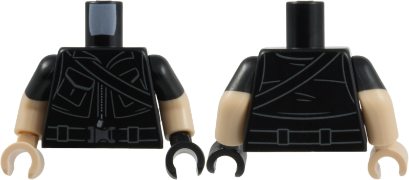 Black torso with a silver zipper and utility belt, featuring light nougat arms with black short sleeves and one black hand.