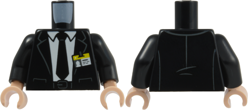 Black torso with black arms and light nougat hands. Features a suit jacket over a white shirt, black tie, and ID badge.