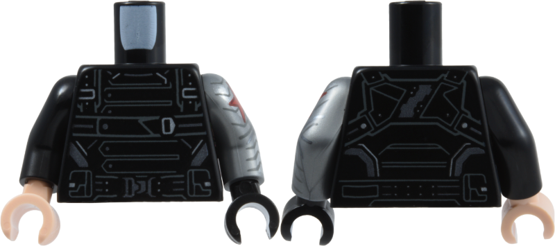 Black torso with one black arm and one silver arm with a red star. Features detailed armor panels and straps.