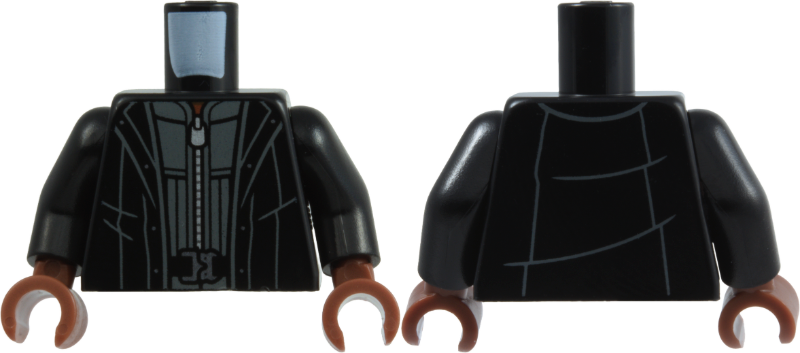 Black torso with black arms and reddish brown hands. Features a long trench coat over a zipped vest and belt.