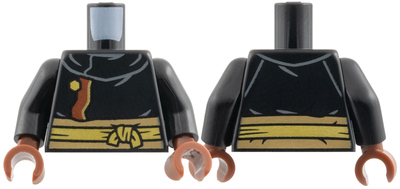 Black torso with black arms and reddish brown hands. Features a black tunic with a gold sash and a gray scarf print.