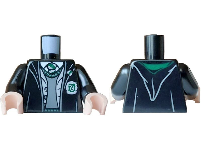 Black torso with black arms and light nougat hands. Printed with an open Harry Potter Slytherin robe over a gray sweater, vest, and tie.