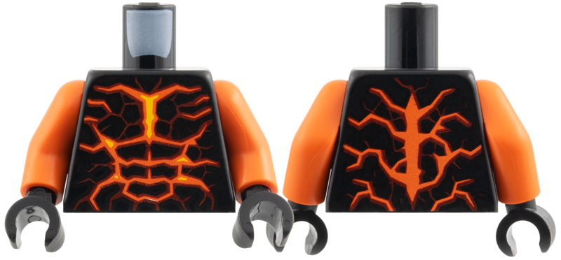Black torso with glowing orange and yellow lava cracks forming muscle patterns. Includes reddish orange arms and black hands.