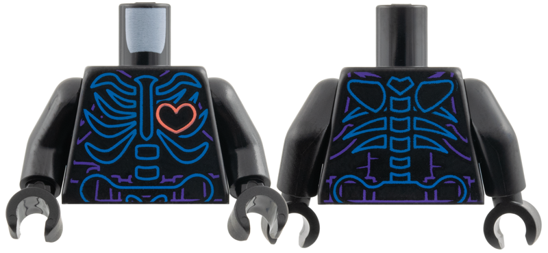 Black torso with a neon blue skeleton outline and a bright coral heart on the chest. Includes black arms and black hands.